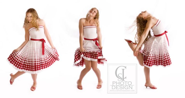 Senior girl tryptic in a white dress with red polka-dots and red shoes